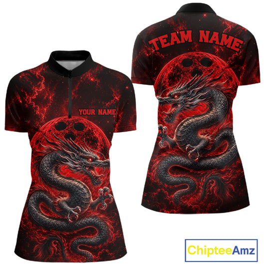 Front and back views of a red custom women's quarter-zip bowling shirt featuring an ancient dragon, flames, and a moon-inspired bowling ball design.