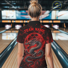 Load image into Gallery viewer, Back view of a female model in a bowling alley wearing a red custom quarter-zip bowling shirt featuring an ancient dragon, flames, and a moon-inspired bowling ball design.