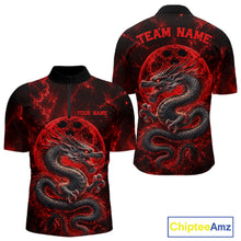 Load image into Gallery viewer, Front and back views of a red custom quarter-zip bowling shirt featuring an ancient dragon, flames, and a moon-inspired bowling ball design.