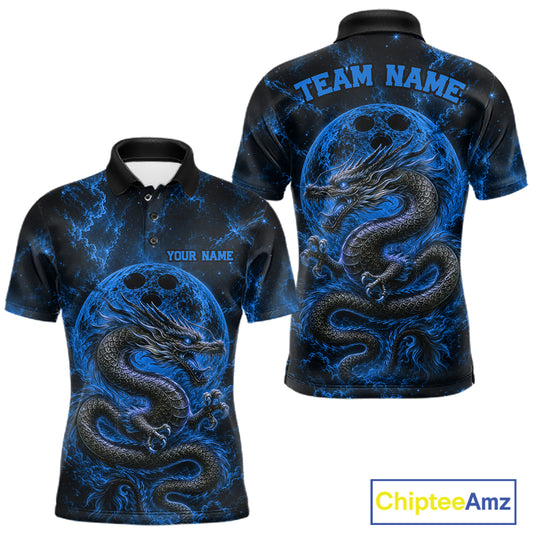 Front and back views of a blue custom men's bowling polo shirt featuring an ancient dragon, flames, and a moon-inspired bowling ball design.