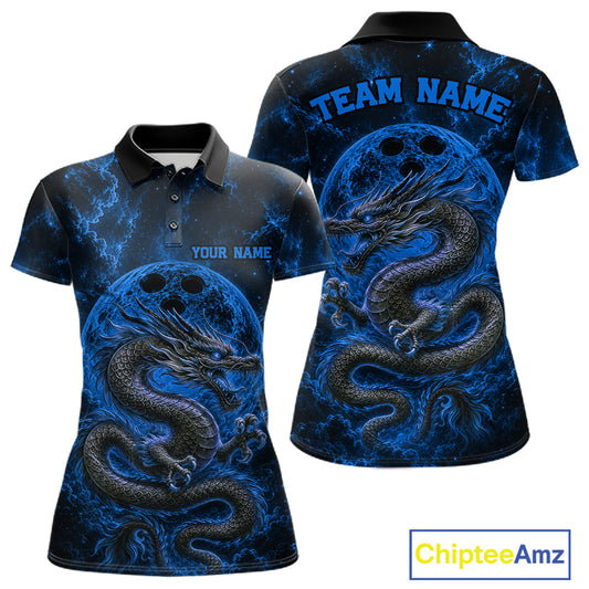 Front and back views of a blue custom women's bowling polo shirt featuring an ancient dragon, flames, and a moon-inspired bowling ball design.