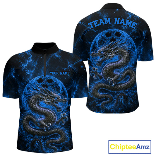 Front and back views of a blue custom quarter-zip bowling shirt featuring an ancient dragon, flames, and a moon-inspired bowling ball design.