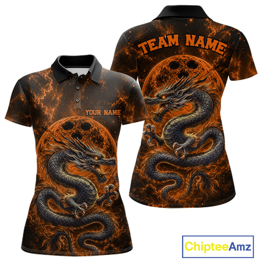 Front and back views of an orange custom women's bowling polo shirt featuring an ancient dragon, flames, and a moon-inspired bowling ball design.