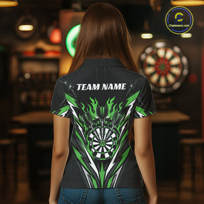 Custom Black And Green Flame Bullseye Darts Women Polo Shirt, Darts Team Jerseys IPHW11721