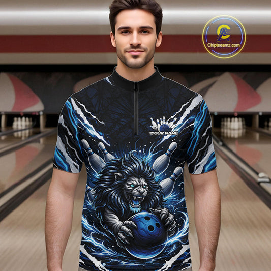 Custom Black And Blue Lion Bowling Jerseys, Lion Bowling Tournament Men Quarter-Zip Shirt IPHW10352