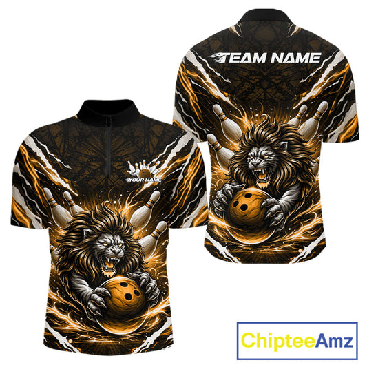 Custom Black And Gold Lion Bowling Jerseys, Lion Bowling Tournament Men Quarter-Zip Shirt IPHW10354