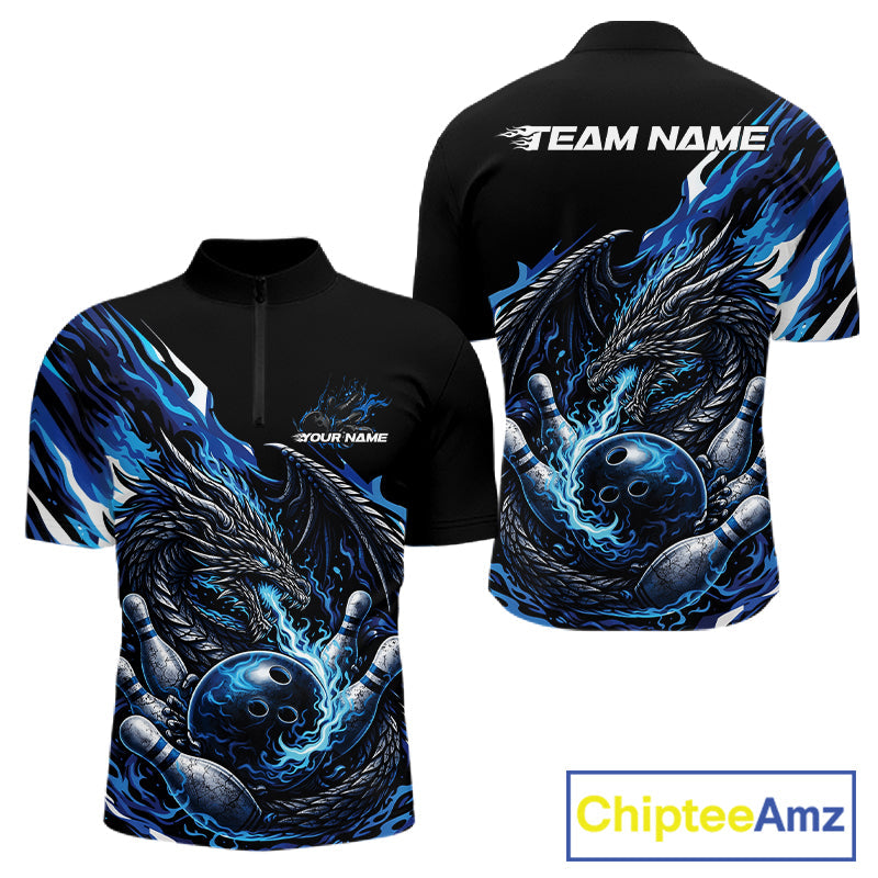 Custom Blue Flame Dragon Bowling Men Quarter-Zip Team Shirts, Bowling Tournament Shirt IPHW10359