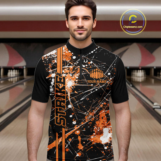Custom Black And Orange Splatter Camo Strike Bowling League Shirts, Men Bowling Jerseys IPHW10650
