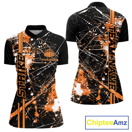 Custom Black And Orange Splatter Camo Strike Bowling League Shirt, Women Bowling Jerseys IPHW10650