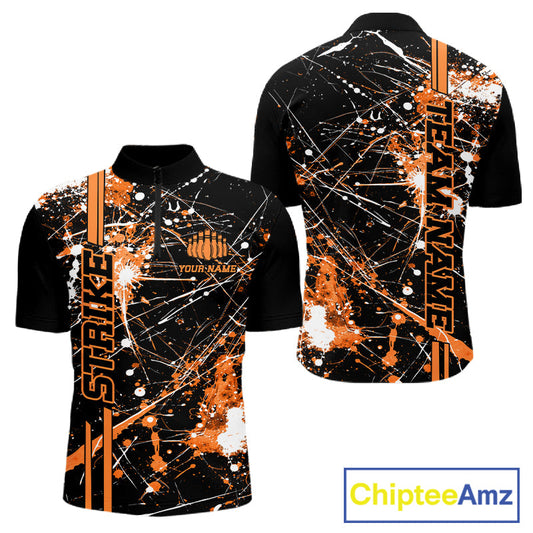 Custom Black And Orange Splatter Camo Strike Bowling League Shirts, Men Bowling Jerseys IPHW10650