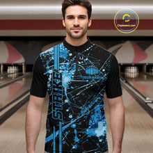 Load image into Gallery viewer, Custom Black And Blue Splatter Camo Strike Bowling League Shirts, Men Bowling Jerseys IPHW10652