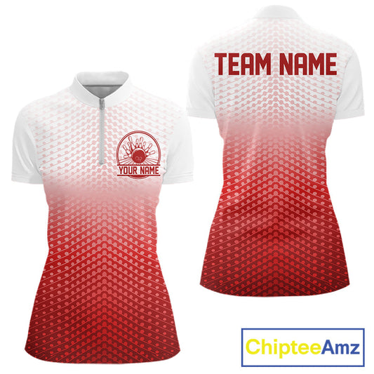 Custom Name Red Bowling Jerseys Women, Bowling League Quarter-Zip Shirt Bowler Outift IPHW10656