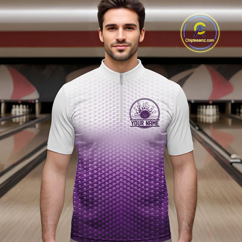 Custom Name Purple Bowling Jerseys For Men, Bowling League Quarter-Zip Shirt Bowler Outift IPHW10657