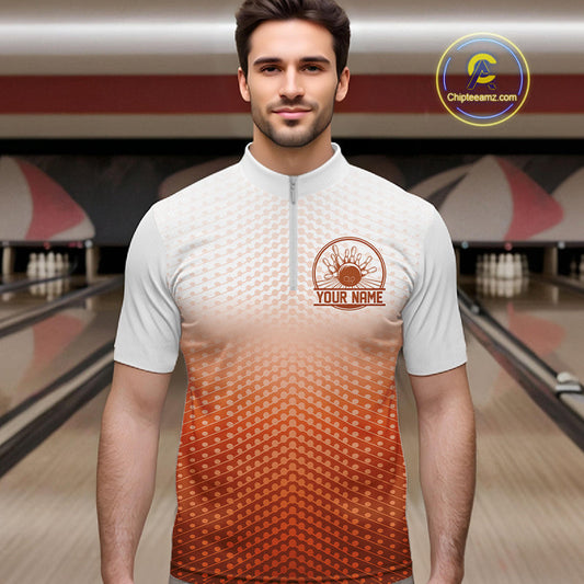 Custom Name Orange Bowling Jerseys For Men, Bowling League Quarter-Zip Shirt Bowler Outift IPHW10659