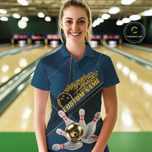 Load image into Gallery viewer, Custom Blue And Gold Bowling Shirts For Women, Flame Bowling Team Shirts Bowling Uniform IPHW10661