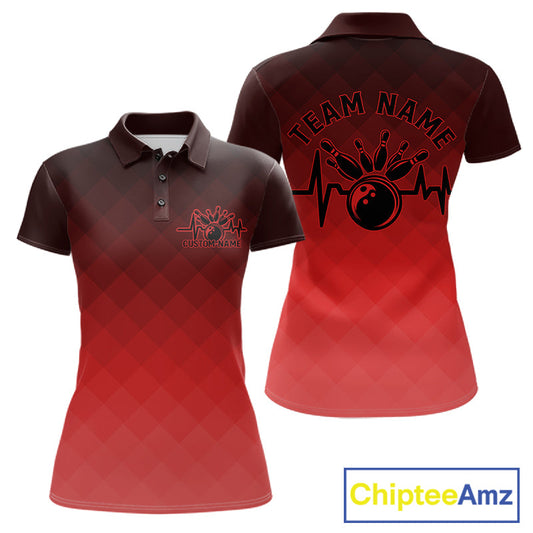 Bowling Heartbeat Pulse Line Red Argyle Custom Bowling Team Polo Shirts For Women IPHW10664