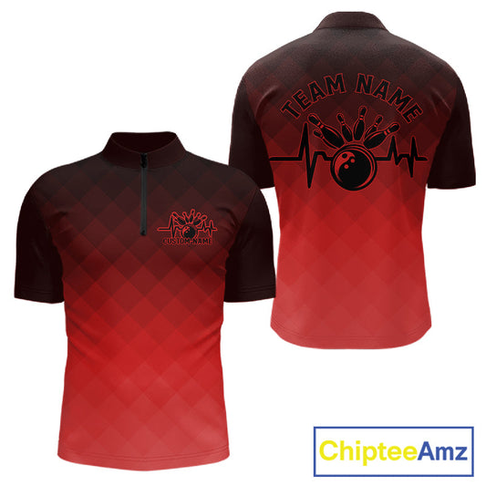 Bowling Heartbeat Pulse Line Red Argyle Custom Bowling Team Quarter-Zip Shirts For Men IPHW10664