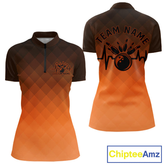 Bowling Heartbeat Pulse Line Orange Argyle Custom Bowling Quarter-Zip Shirts For Women IPHW10666