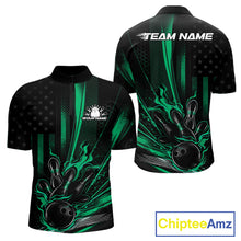 Load image into Gallery viewer, Custom Green US Flag Patriotic Men Bowling Shirt, American Flame Bowling Jersey IPHW11151