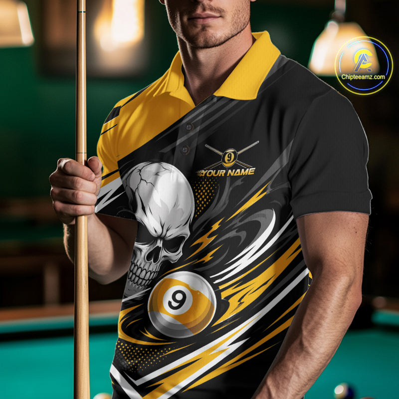 Custom Black And Yellow 9 Ball Skull Billiards Men Polo Shirt, Pool Team Shirt IPHW11739