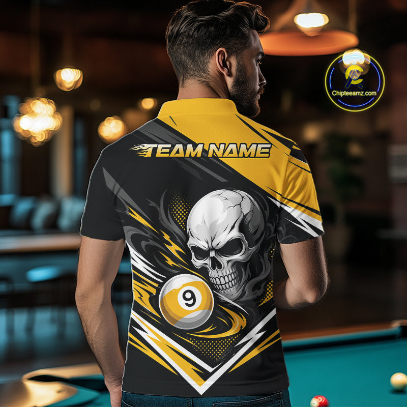 Custom Black And Yellow 9 Ball Skull Billiards Men Polo Shirt, Pool Team Shirt IPHW11739