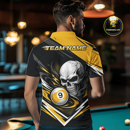 Custom Black And Yellow 9 Ball Skull Billiards Men Polo Shirt, Pool Team Shirt IPHW11739