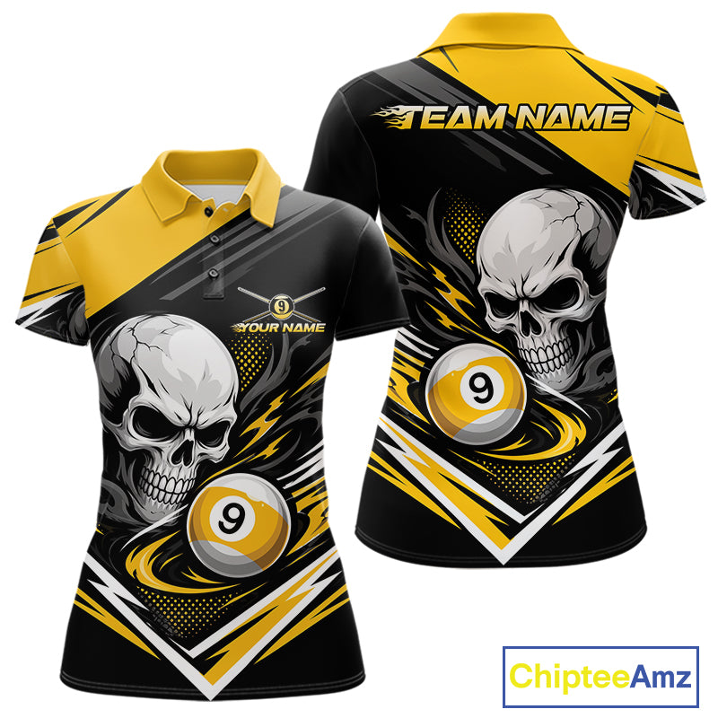 Custom Black And Yellow 9 Ball Skull Billiards Women Polo Shirt, Pool Team Shirt IPHW11739