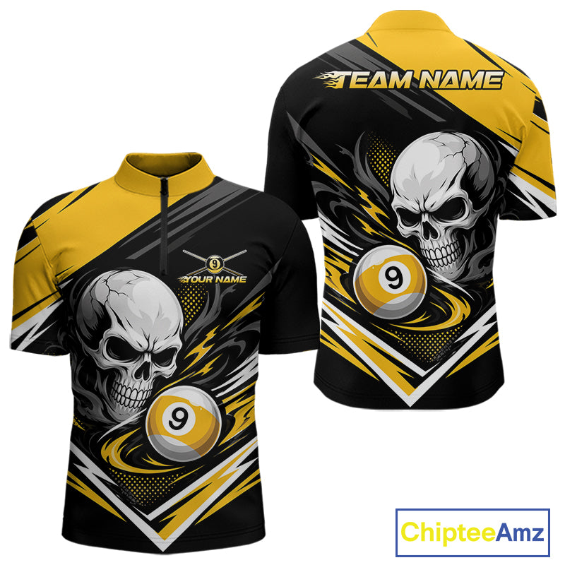 Custom Black And Yellow 9 Ball Skull Billiards Men Quarter Zip Shirt, Pool Team Shirt IPHW11739