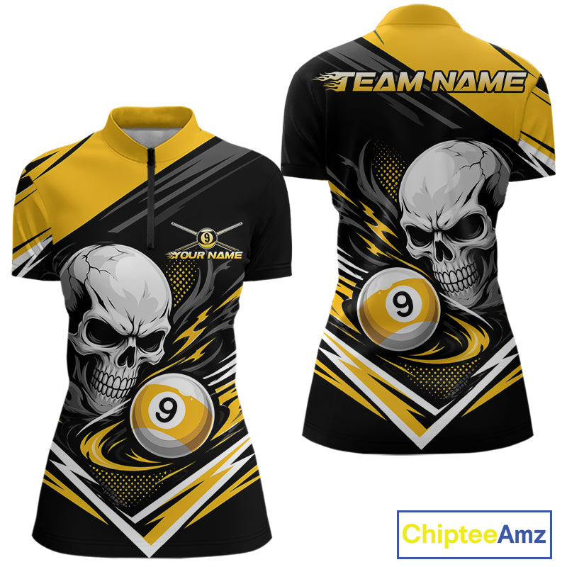 Custom Black And Yellow 9 Ball Skull Billiards Women Quarter-Zip Shirt, Pool Team Shirt IPHW11739