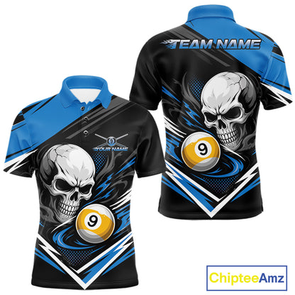 Custom Black And Blue 9 Ball Skull Billiards Men Polo Shirt, Pool Team Shirt IPHW11740