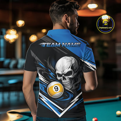 Custom Black And Blue 9 Ball Skull Billiards Men Polo Shirt, Pool Team Shirt IPHW11740