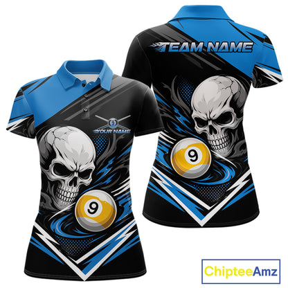 Custom Black And Blue 9 Ball Skull Billiards Women Polo Shirt, Pool Team Shirt IPHW11740