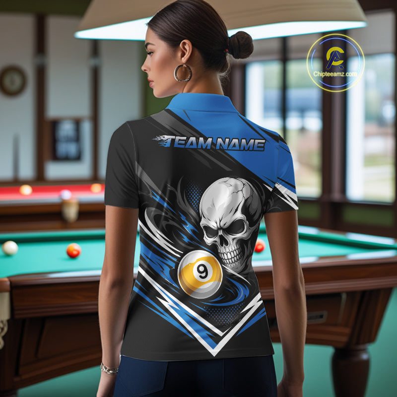 Custom Black And Blue 9 Ball Skull Billiards Women Polo Shirt, Pool Team Shirt IPHW11740