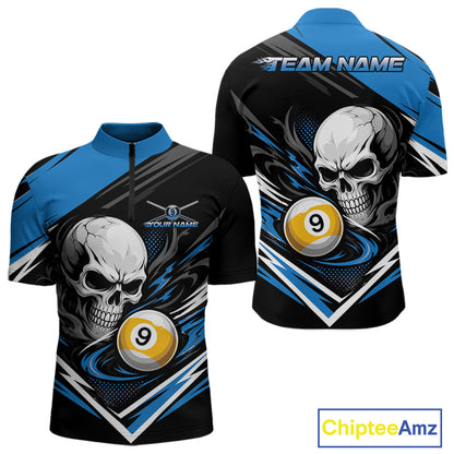 Custom Black And Blue 9 Ball Skull Billiards Men Quarter Zip Shirt, Pool Team Shirt IPHW11740