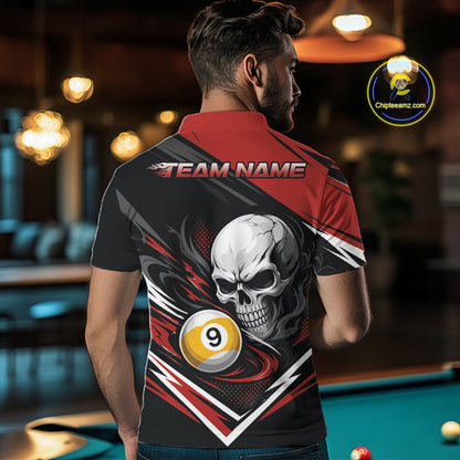 Custom Black And Red 9 Ball Skull Billiards Men Polo Shirt, Pool Team Shirt IPHW11741