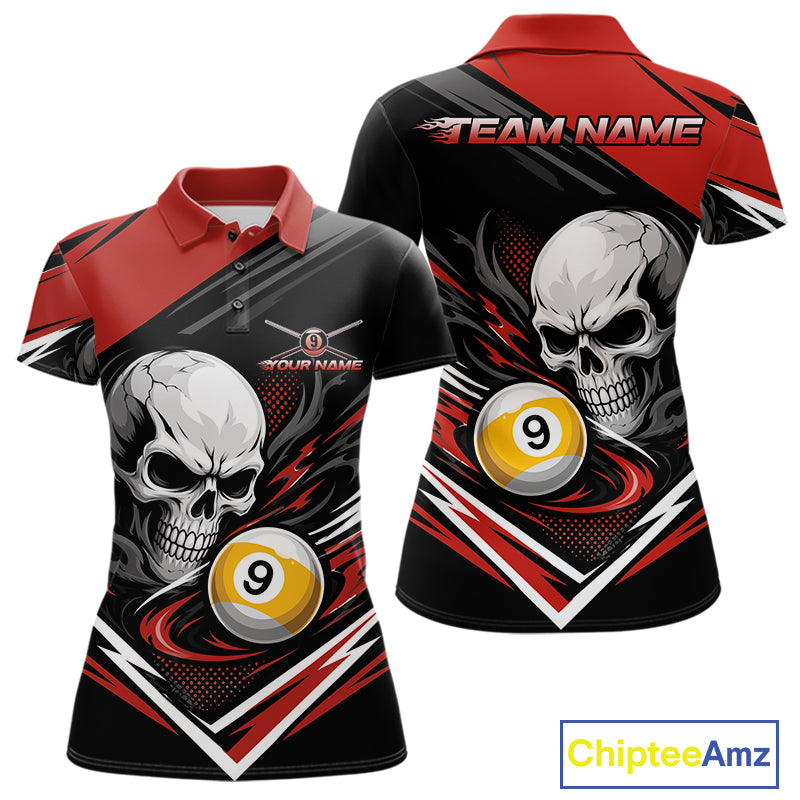 Custom Black And Red 9 Ball Skull Billiards Women Polo Shirt, Pool Team Shirt IPHW11741