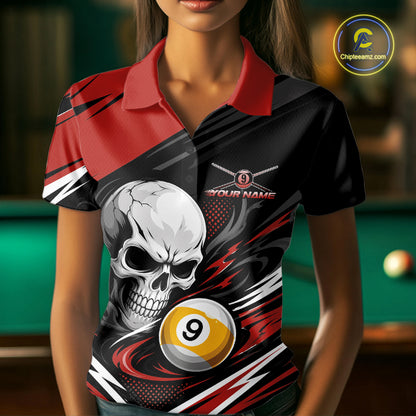 Custom Black And Red 9 Ball Skull Billiards Women Polo Shirt, Pool Team Shirt IPHW11741