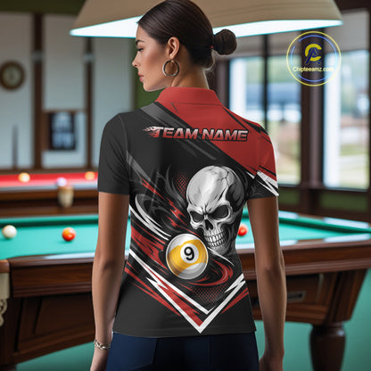 Custom Black And Red 9 Ball Skull Billiards Women Polo Shirt, Pool Team Shirt IPHW11741