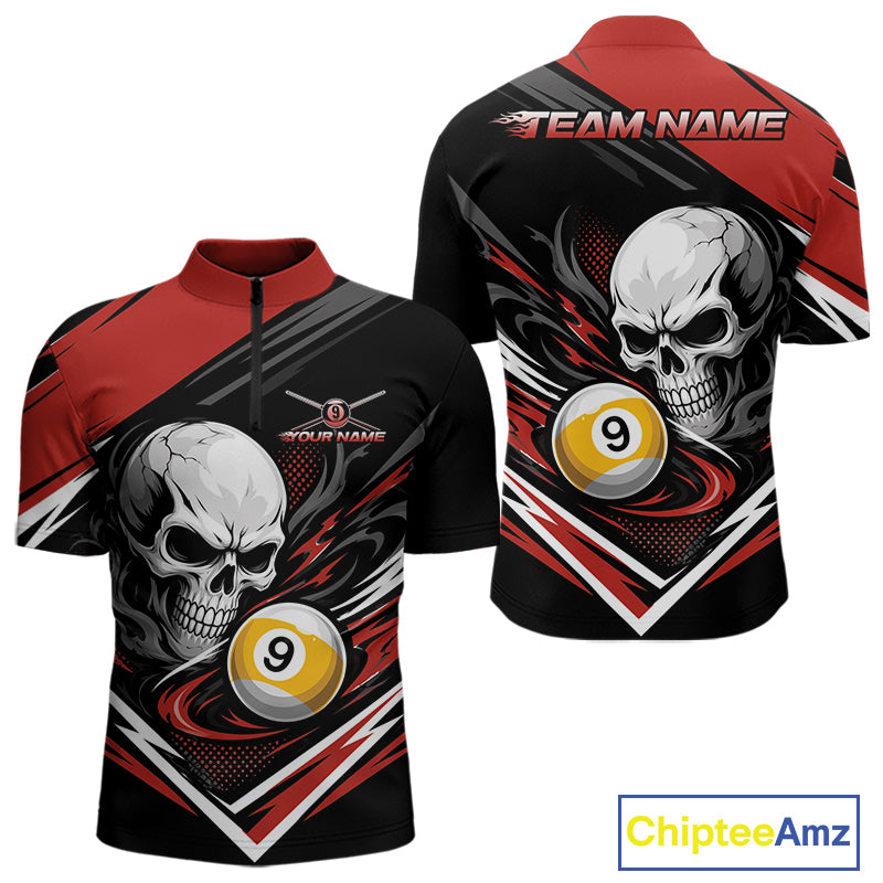 Custom Black And Red 9 Ball Skull Billiards Men Quarter Zip Shirt, Pool Team Shirt IPHW11741