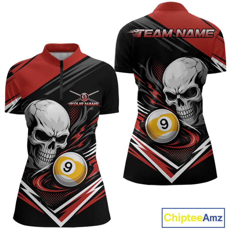 Custom Black And Red 9 Ball Skull Billiards Women Quarter-Zip Shirt, Pool Team Shirt IPHW11741