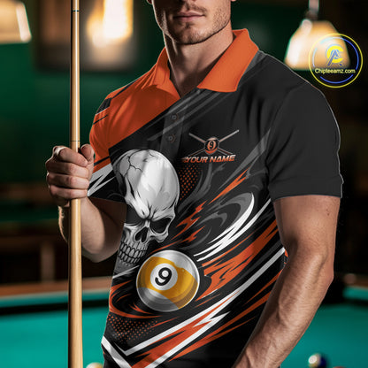Custom Black And Orange 9 Ball Skull Billiards Men Polo Shirt, Pool Team Shirt IPHW11742
