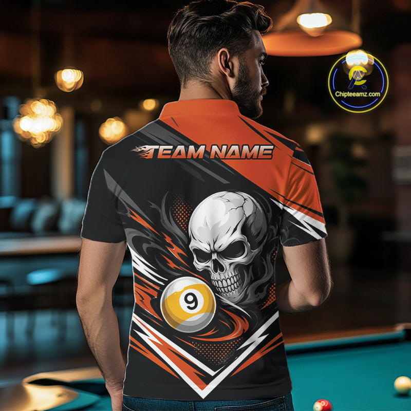 Custom Black And Orange 9 Ball Skull Billiards Men Polo Shirt, Pool Team Shirt IPHW11742