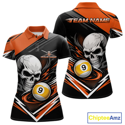 Custom Black And Orange 9 Ball Skull Billiards Women Polo Shirt, Pool Team Shirt IPHW11742
