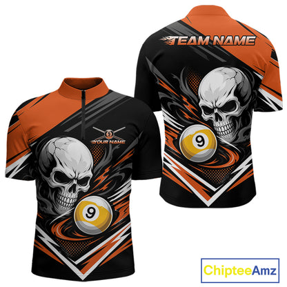 Custom Black And Orange 9 Ball Skull Billiards Men Quarter Zip Shirt, Pool Team Shirt IPHW11742
