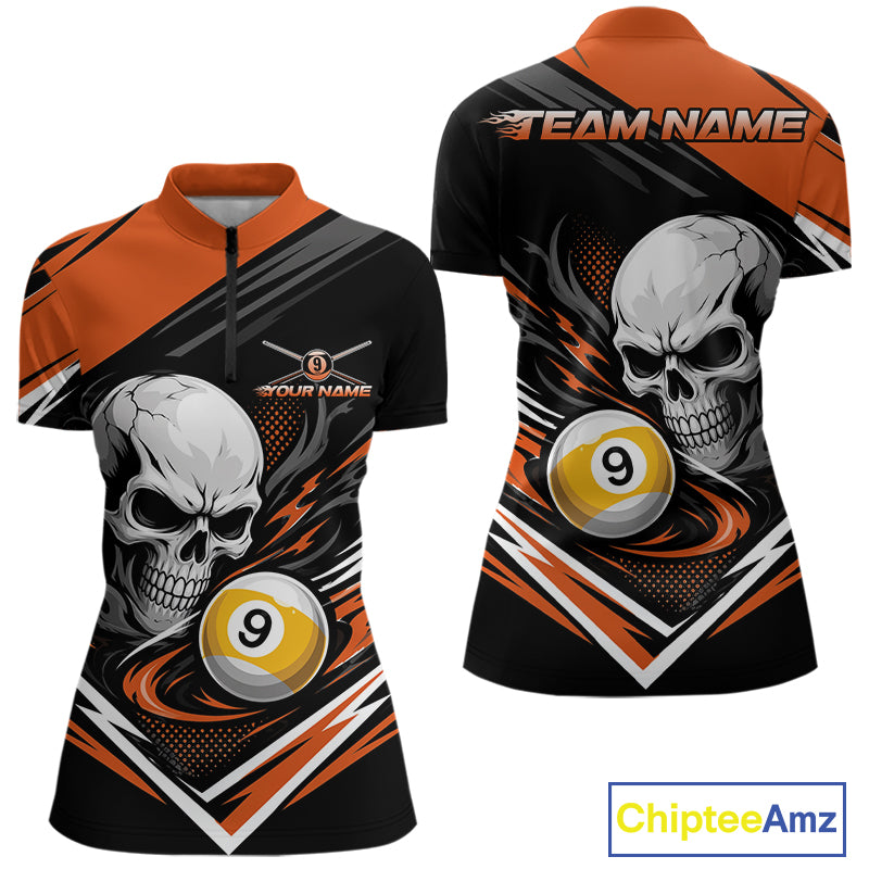 Custom Black And Orange 9 Ball Skull Billiards Women Quarter-Zip Shirt, Pool Team Shirt IPHW11742