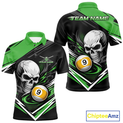 Custom Black And Green 9 Ball Skull Billiards Men Polo Shirt, Pool Team Shirt IPHW11743