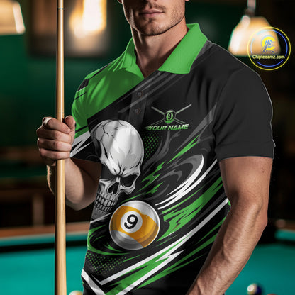 Custom Black And Green 9 Ball Skull Billiards Men Polo Shirt, Pool Team Shirt IPHW11743