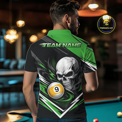 Custom Black And Green 9 Ball Skull Billiards Men Polo Shirt, Pool Team Shirt IPHW11743