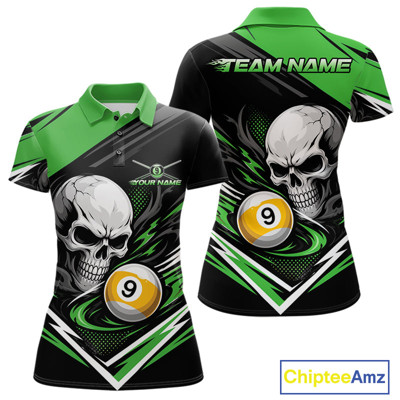 Custom Black And Green 9 Ball Skull Billiards Women Polo Shirt, Pool Team Shirt IPHW11743