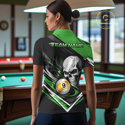 Custom Black And Green 9 Ball Skull Billiards Women Polo Shirt, Pool Team Shirt IPHW11743
